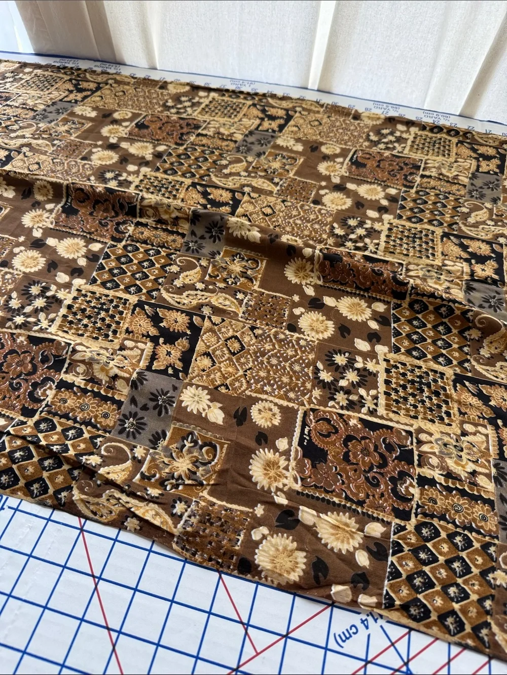 Vintage 1970s Patchwork Print Fabric Brown Floral Paisley 4+ Yards x 50